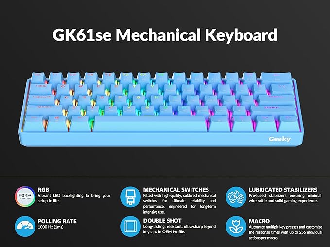 Geeky GK61 SE 60% | Mechanical Gaming Keyboard | 61 Keys Multi Color RGB LED Backlit for PC/Mac Gamer | ANSI US American Layout (Blue, Mechanical Speed Silver) - Image 5