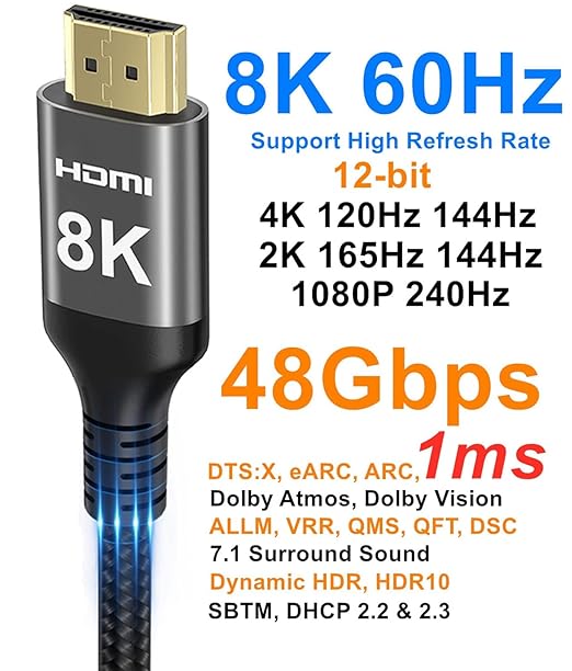 Ubluker 8K HDMI Cable 48Gbps 33 FT, Nylon Braided High Speed HDMI® Cable 4k 120Hz 2k 165Hz 8k 60Hz 12bit eARC ARC Dolby Atmos HDR10+ HDCP2.3 Compatible for Gaming PC TV Soundbar Monitor Mac PS5 Xbox - Image 2