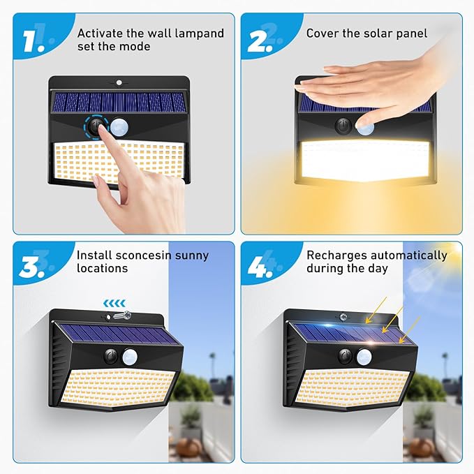 Peasur 16 Packs Solar Outdoor Lights Motion Sensor Solar Security Light Waterproof with 3 Lighting Modes Solar Powered Wall Lights Outside for Garden Fence Yard, Warm White - Image 5