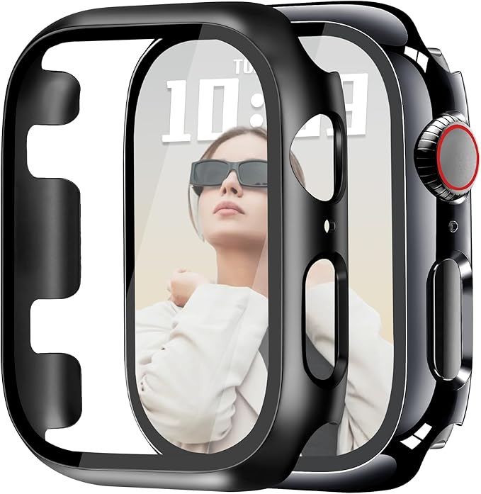 JR.DM 38mm 2 Pack Hard PC Case with HD Tempered Glass Screen Protector for Apple Watch Series 3/2/1, Guard Bumper Full Coverage Protective Anti-Scratch Face Cover for iWatch, Black+Jet Black by JRDM