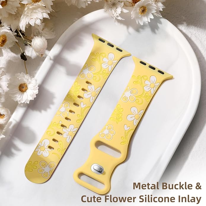 Witzon Floral Band Compatible with Apple Watch Bands For Women 40mm 41mm 38mm 42mm 44mm 45mm 46mm 49mm, Engraved Cute Flower Silicone Dressy Strap for iWatch Series 11 10 9 8 7 6 5 4 3 2 SE Ultra - Image 8