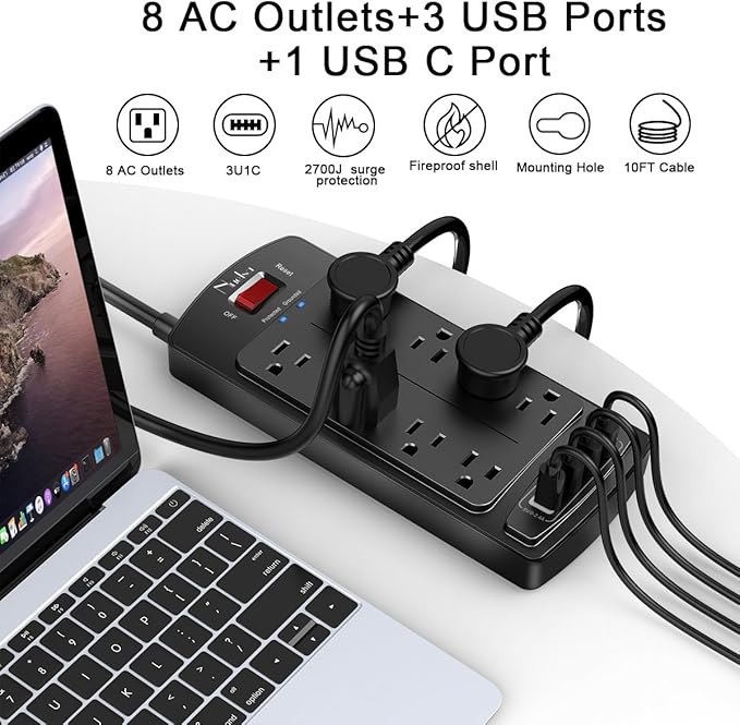 10 Feet Surge Protector Power Strip - Nuetsa Extension Cord(1625W/13A) with 8 Outlets and 4 USB Ports, Flat Plug, 2700 Joules, for Home, School, College Dorm Room, and Office, ETL Listed, Black - Image 2