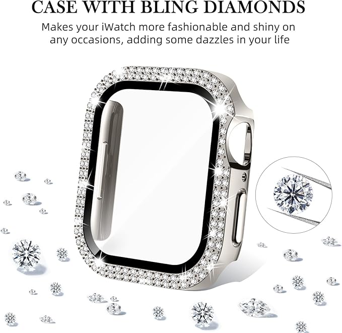 Adepoy Compatible for Apple Watch Case 44mm Series 6/5/4/SE with Tempered Glass Screen Protector, Double Bling Case Crystal Diamonds Rhinestone Bumper Overall Hard PC Protective Cover for iWatch 44mm - Image 5