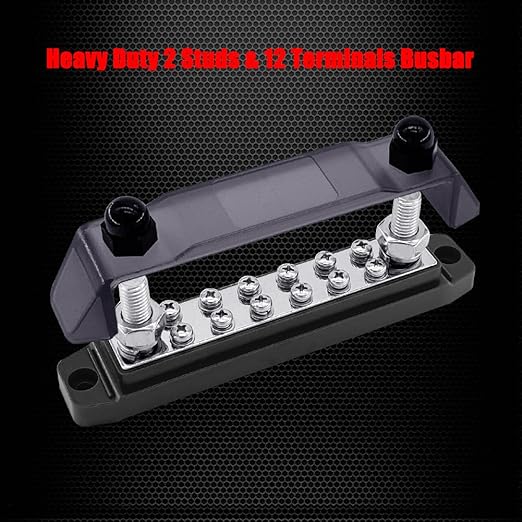 Ampper Power Distribution Block Bus Bar 12V, 2 x M10 (3/8") Studs & 12 x M4 (#8) Screws, 6.3" 300A Marine BusBar Battery Distribution Block W/Cover for Car Boat Solar (Black) - Image 2