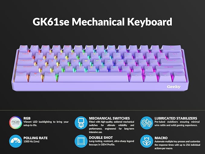 Geeky GK61 SE 60% | Mechanical Gaming Keyboard | 61 Keys Multi Color RGB LED Backlit for PC/Mac Gamer | ANSI US American Layout (Lavender, Mechanical Red) - Image 5