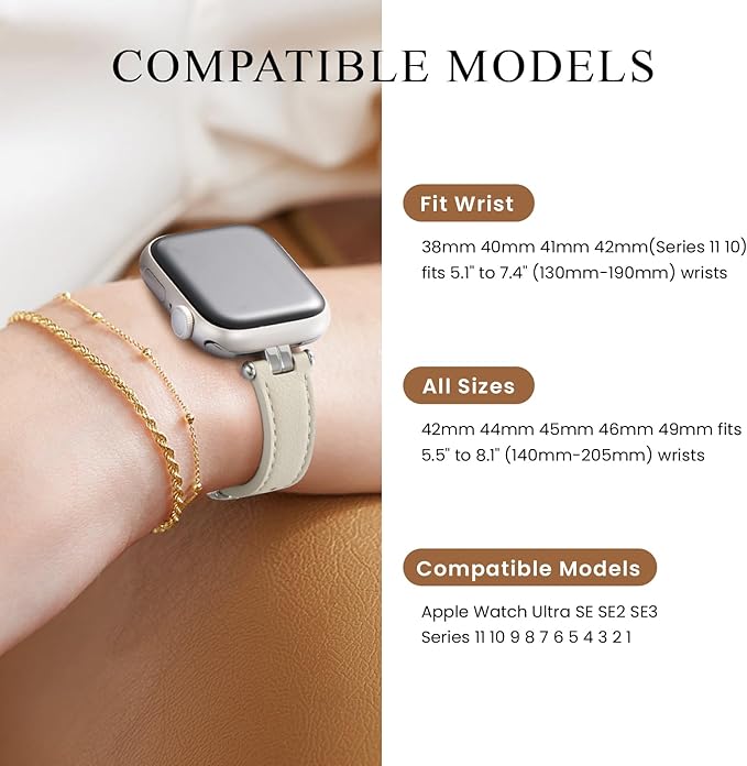 STIROLL Thin Leather Band Compatible with Apple Watch Bands 49mm 46mm 45mm 44mm 42mm (Series 3/2/1) Women, Stylish Top-Grain Leather Strap Slim Wristband for iWatch SE3/2/1 Series 10 9 8 7 6 5 4 Ultra, Ivory White/Starlight - Image 5