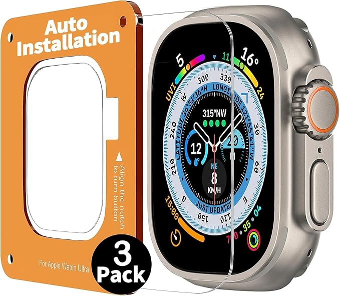 Smiling 3 Pack Screen Protector Compatible with Apple Watch Ultra 3/Ultra 2/Ultra 49mm and Auto-alignment Installation Frame, Anti-Scratch Tempered Glass Screen Protector, Bubble Free, Touch Sensitive by Smiling