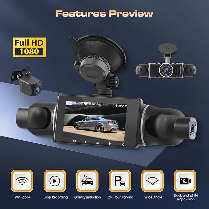 4 Channel Dash Cam 360° View Front and Rear Inside, 3" Display 1080P Dash Camera for Cars Left Right, WiFi APP Control, G-Sensor, IR Night Vision, Loop Recording, with Free 64GB Card - Image 2