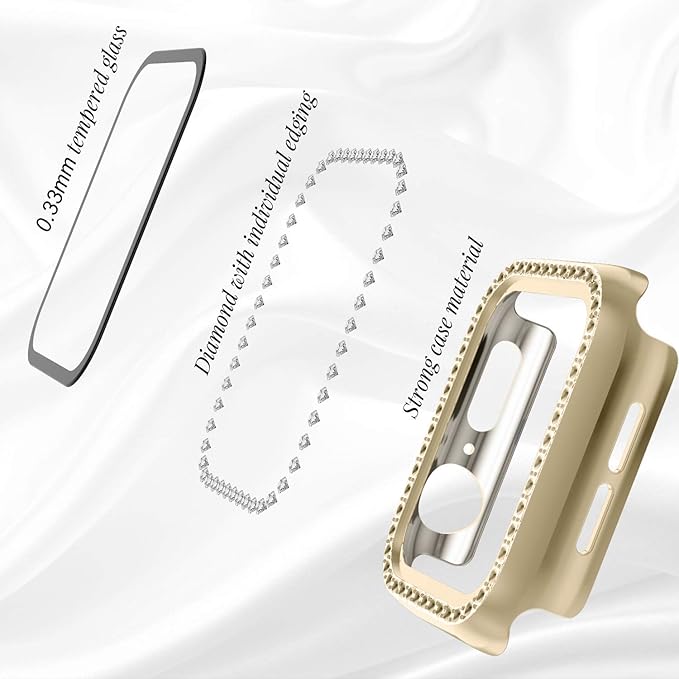 Recoppa Compatible for Apple Watch Case with Screen Protector 45mm Series 7/8/9, Bling Crystal Diamond Rhinestone Ultra-Thin Bumper Full Cover Protective Case for Women Girls iWatch Champagne Gold - Image 3