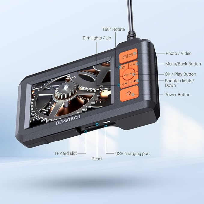 DEPSTECH Dual Lens Industrial Endoscope, 1080P Digital Borescope Inspection Camera, 7.9mm IP67 Waterproof, Sewer Camera with 4.3" LCD Screen, 7 LED Lights, 16.5FT Semi-Rigid Cable, 32GB Card - Orange - Image 9