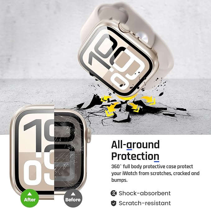 Goton 2 in 1 Waterproof Case Compatible for Apple Watch Series 11/10 Screen Protector 46mm, 360 Protective Glass Face Cover Hard PC Bumper + Back Frame for iWatch Accessories 46 mm - Image 6