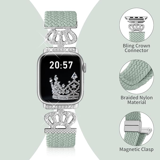 Braided Band Compatible with Apple Watch Bands 40mm 38mm 41mm 42mm 44mm 45mm 46mm 49mm,Magnetic Soft Nylon Stretchy Strap with Designer Bling Crown Strap for Series 10/9/8/7/6/5/4/3/2/SE/Ultra - Image 3