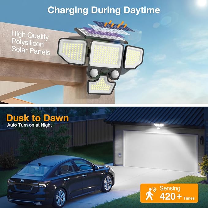 Onforu 3000LM Solar Lights Outdoor, 4 Heads Solar Security Lights with Remote Control, 180 LEDs IP65 Waterproof Motion Sensor Lights 3 Modes Flood Lights for Wall, Porch, Yard, Outside, 3 Pack - Image 7
