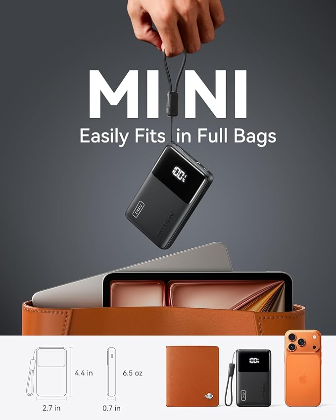 INIU Small Portable Charger, 45W PD Fast Charging 10000mAh Power Bank, Battery Pack with Attached USB C Cable, Travel Essentials Powerbank for iPhone 17 16 15 14 Pro Air, Xiaomi, Samsung S25 S24 etc - Image 3