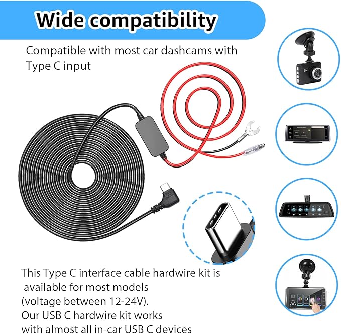 Dash Cam Hardwire Kit USB C Hard Wire Kit with 12V-24V to 5V Car Dash Camera Power Cord,24 Hours Surveillance Low Voltage Protection 4 Fuse Tap Cable 13FT - Image 5