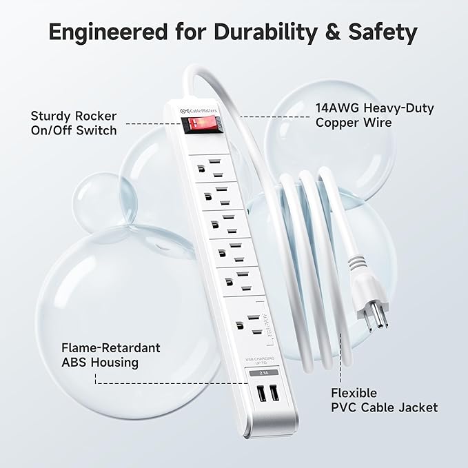 [ETL Listed] Cable Matters 2-Pack 6-Outlet Surge Protector Power Strip with USB Ports - 12ft, Long Extension Cord, Surge Protector with USB Ports, White - Image 5