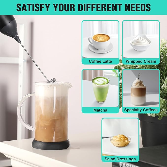 HAUSHOF Powerful Rechargeable Milk Frother Wand, Handheld Electric Foam Maker, Drink Mixer with Detachable Stainless Steel Whisk for Coffee Latte, Cappuccino, Matcha, No Stand, Black - Image 4