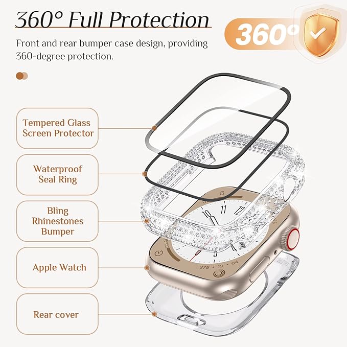 Goton 40mm Waterproof Bling Case for Apple Watch Screen Protector SE 3/2/1,Series 6/5/4 40 mm, Sparkling PC Front Bumper & Hollow Back for iWatch Cover, Splash-Resistant, Easy Install - Image 5