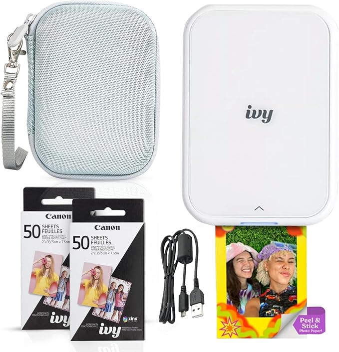 Canon Ivy 2 Mini Photo Printer (Pure White) - Bluetooth, Print from iOS & Android Devices, Bundle Incl. 110 Zink Sticky-Back Prints, LED Light Bar, Protective Case, and USB Cable by Canon