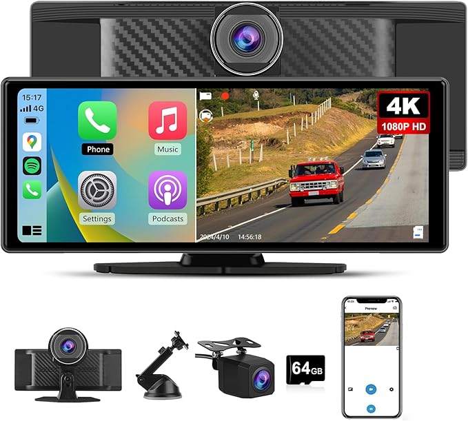 10.26" Carplay Screen for Car Portable, Carplay & Android Auto Car Stereo, Touchscreen GPS Navigation 4K Dash Cam/1080P Backup Camera/Mirror Link/Bluetooth/Voice Control by Pyniro