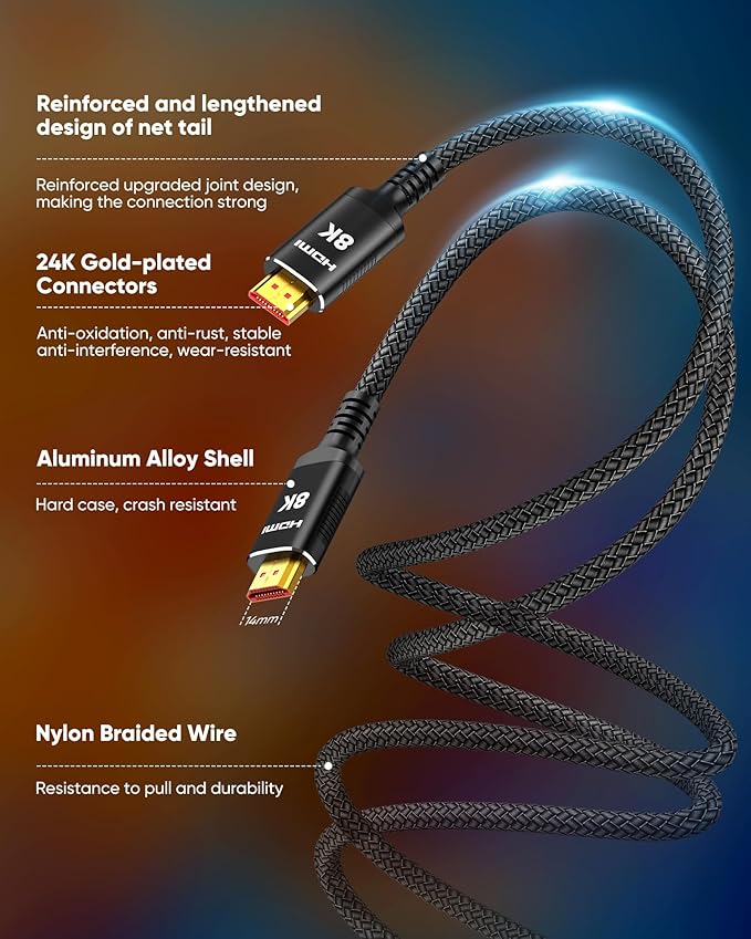 Snowkids 8K HDMI 2.1 Cable 3.3 ft, Non-Slip Nylon Braided, 48Gbps Ultra High-Speed HDMI Cables Cord, 10K 8K@60Hz, 4K@120Hz Compatible for TV/PS-5/X-box/Projector/Sound System & More - Image 4