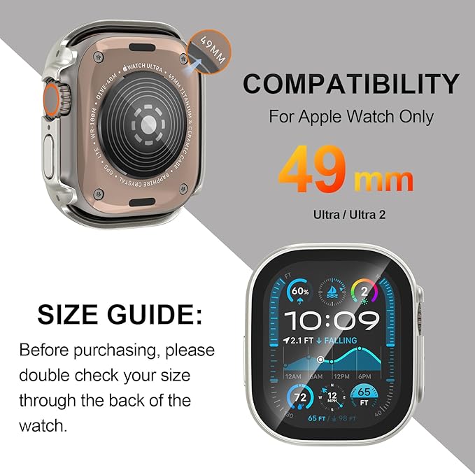 [2 Pack Case for Apple Watch Ultra 2/Ultra Screen Protector 49mm Accessories Built-in HD Tempered Glass Full Protective Hard PC Bumper Lightweight 2 in 1 Cover Compatible iWatch - Image 2