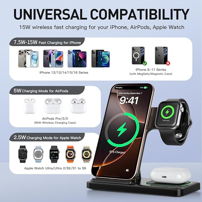 2026 Traveling Portable Wireless Fast Charger for Apple & Android Charging Station 3 in 1 Charging for iPhone17 16 15 14 13 12 11,Apple Watch & Air pods 4 3 2 Pro,Samsung Galaxy-Gifts for Family - Image 2