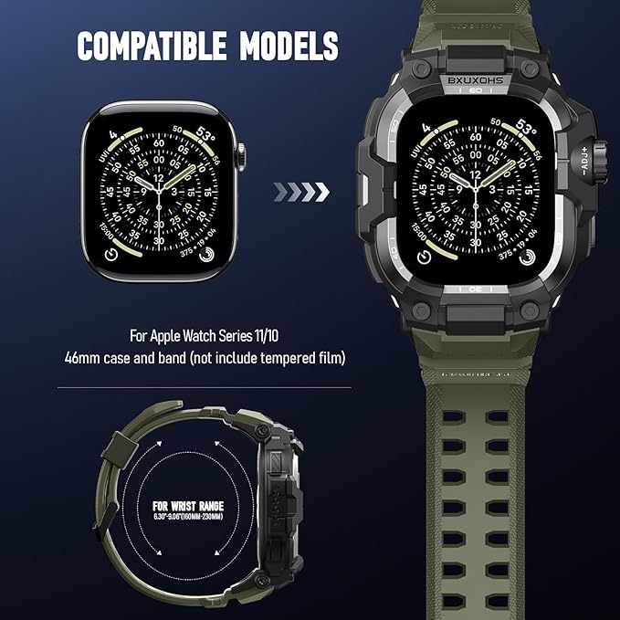BXUXOHS Rugged Case and Band for Apple Watch 46mm Men, Compatible with Apple Watch Series 11/10, Military Grade Shockproof Bumper Cover, Tactical Band Case for iWatch 11/10 Man, Army Green - Image 2
