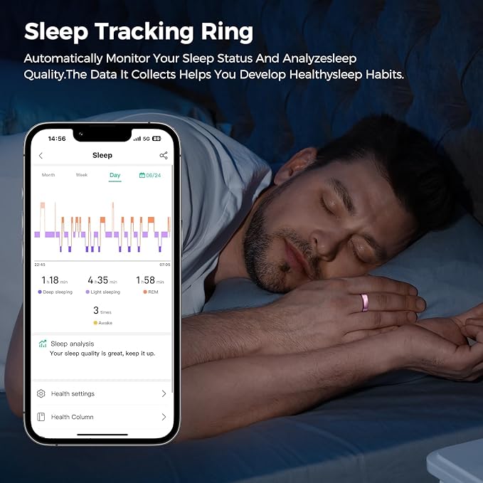 Smart Ring for Women & Men, Health Tracker Ring with Heart Rate, Blood Oxygen,Blood Pressure, IP68 Waterproof Fitness Ring, Sleep Tracker for iPhone and Android, No APP Fee (Black, 14#) - Image 3
