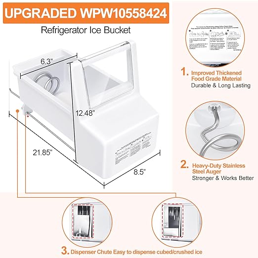 Upgraded WPW10558424 Refrigerator Ice Bucket for Whirlpool Ice Bucket Replacement W10558424 WRS321SDHZ08 Parts Replacement Ice Maker Whirlpool Ice Bin WRS321SDHZ05 WRS321SDHZ01 Ice Tray Container - Image 2