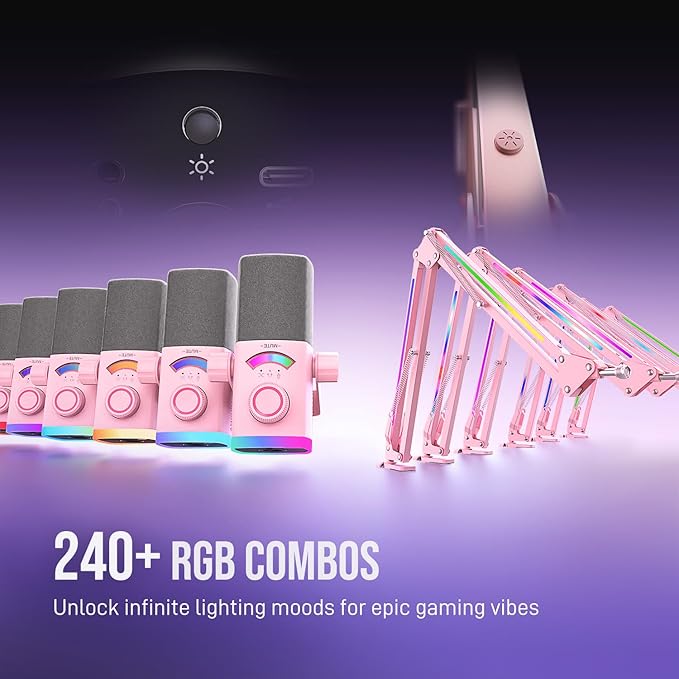 FIFINE XLR/USB Gaming Microphone Kit with Boom Arm Stand, RGB Streaming Mic for Computer Compatible with PC/PS4/PS5, Podcast Mic Set with Headphone Jack, Volume Knob, Mute-AmpliGame AM8PROT Pink - Image 4