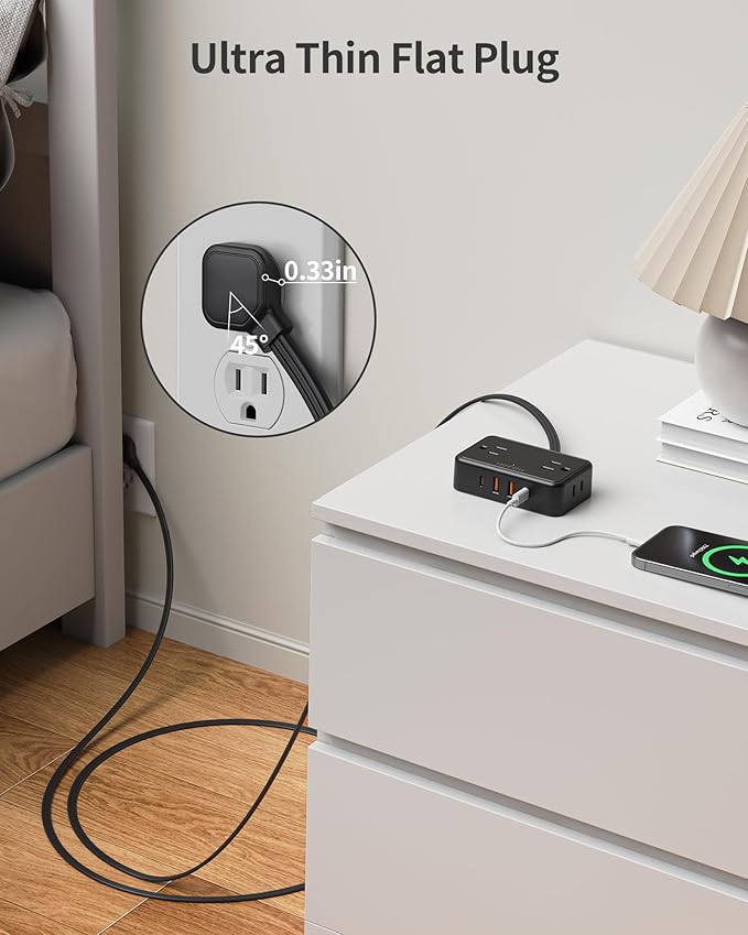 HOPOW Flat Plug Extension Cord, 6 Ft Ultra Thin Power Strip, 4 AC Wide Spaced outlets and 4 USB (2 USB-C) Ports, No Surge Protector for Cruise Ship, Travel, Dorm Room Essentials (Black) - Image 3