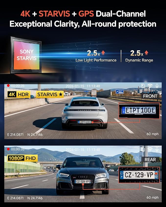 Coolcrazy 4K Dash Cam Front and Rear, STARVIS Sensor, Free 128GB Card Included, 5GHz WiFi-up to 20MB/s, Dual Dash Camera for Cars, Built-in GPS, G-Sensor, WDR/HDR Super Night Vision, 24H Parking Mode - Image 3