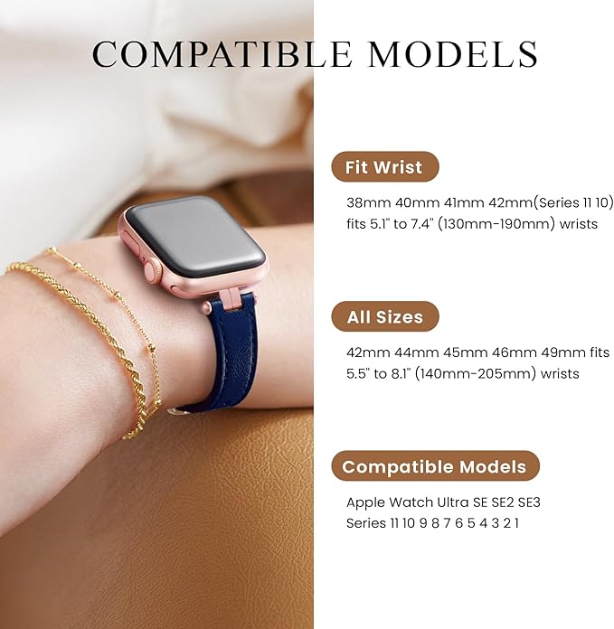 STIROLL Thin Leather Band Compatible with Apple Watch Bands 49mm 46mm 45mm 44mm 42mm (Series 3/2/1) Women, Stylish Top-Grain Leather Strap Slim Wristband for iWatch SE3/2/1 Series 10 9 8 7 6 5 4 Ultra, DarkBlue/Rosegold - Image 5
