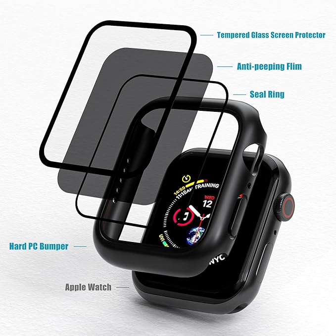 2 Pack Privacy Case for Apple Watch Screen Protector, Anti-Spy Tempered Glass Film Apple Watch Cover Hard PC Case Bumper for iWatch Series 9/8/7 - Black/Clear 41mm - Image 4