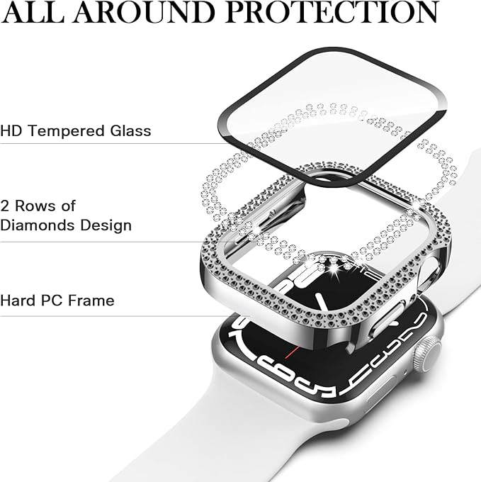 Adepoy Compatible for Apple Watch Case 44mm Series 6/5/4/SE with Tempered Glass Screen Protector, Double Bling Case Crystal Diamonds Rhinestone Bumper Overall Hard PC Protective Cover for iWatch 44mm - Image 4