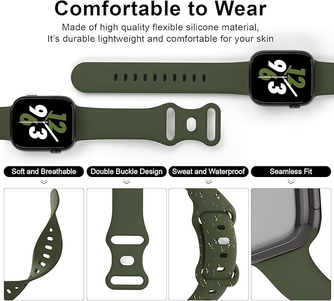 Sport Band Compatible with Apple Watch 38mm 40mm 41mm 42mm 44mm 45mm 46mm 49mm, Replacement Soft Silicone Strap Wristbands for iWatch Series 11/10/9/8/7/6/5/4/3/2/1 Ultra SE Women Men, Army Green - Image 3