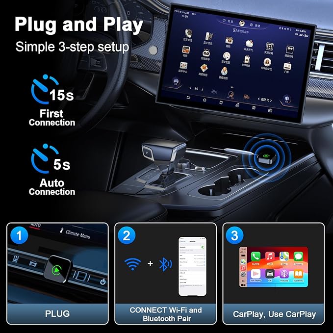 2-in-1 Wireless CarPlay for iPhone, Plug & Play CarPlay Dongle Converts Wired to Wireless, Fast Auto-Connect No Delay, Mini USB Design for Cars with Built-in Wired Apple CarPlay - Image 3