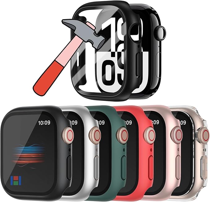 HANKN 6 Pack for Apple Watch Series 6 5 4 SE 44mm Tempered Glass Screen Protector Hard Case, Full Protective Matte Cover Shockproof Bumper (Black+Silver+Green+Red+Rose Gold+Clear, 44mm) by HANKN