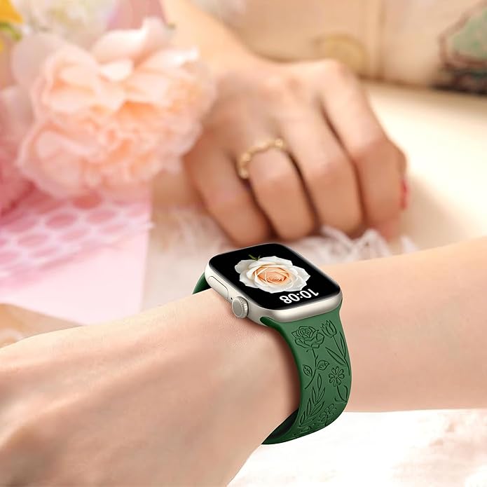SNBLK 6 Pack Floral Engraved Bands Compatible with Apple Watch Bands 40mm 41mm 42mm 38mm 44mm 45mm 46mm 49mm Women Men, Silicone Flower Pattern Strap for iWatch Series 11 10 Se Ultra 9 8 7 6 5 4 3 2 1 - Image 6