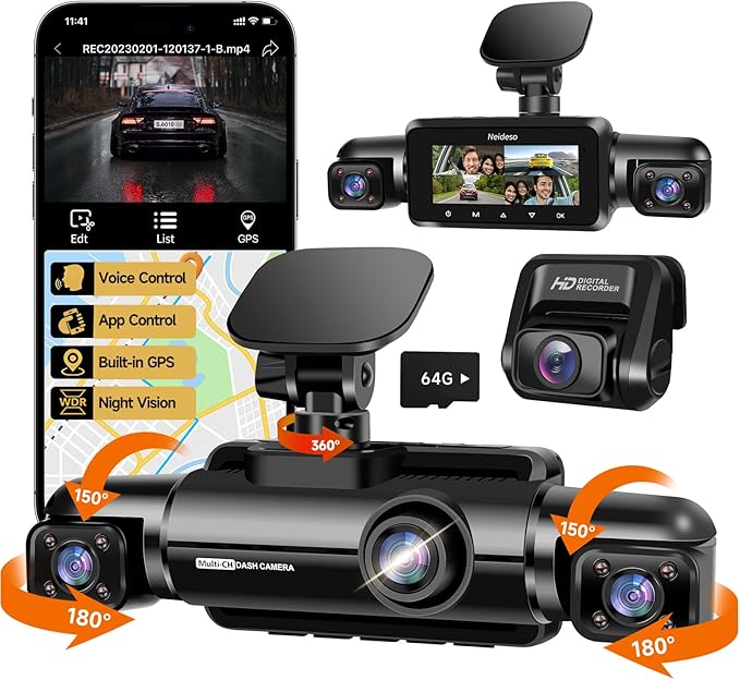 Neideso 360° Dash Cam Front and Rear Inside, 4 Channel FHD 4 * 1080P, Wi-Fi GPS Voice Control Car Camera, Front 2K+1080P*2 Dash Camera for Cars, with 64GB SD Card, Night Vision, 24H Parking Mode(N300) by NeidesoDashCam