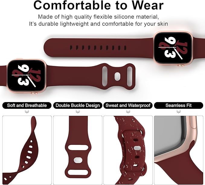 Sport Band Compatible with Apple Watch 38mm 40mm 41mm 42mm 44mm 45mm 46mm 49mm, Replacement Soft Silicone Strap Wristbands for iWatch Series 11/10/9/8/7/6/5/4/3/2/1 Ultra SE Women Men, Wine Red - Image 3
