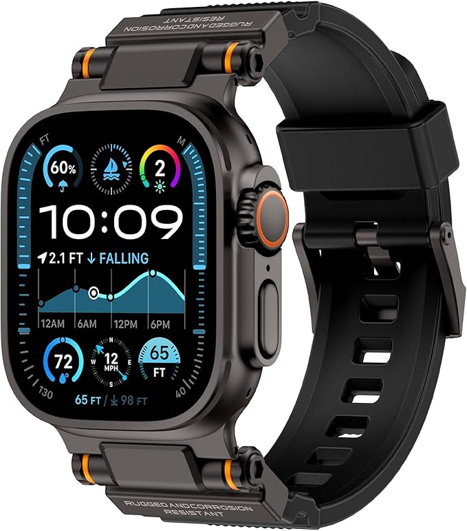 FOAMUNOC Rugged Band Compatible with Apple Watch Ultra 3/2/1 Band 49mm/46mm/45mm/44mm/42mm, Metal Connector with Silicone Strap for iWatch Ultra Series 11/10/9/8/7/6/SE3/SE2/SE/5/4/3/2/1, Black/Black by FOAMUNOC