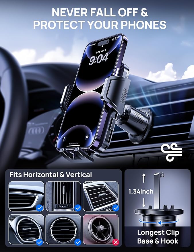 Car Phone Holder Mount for Air Vent, [Never Shake Hook Clip] 360° Adjustable Vent Clip, Compatible with Big Phones,Thick Cases, Phone Holders for Your Car–Fits iPhone, Samsung and Android - Image 4