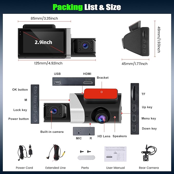 3 Channel Dash Cam Front and Rear Inside, 2.9'' 1080P Dash Camera for Cars,Three Way Triple Car Camera with App Control Super Night Vision,Wide Angle,Loop Recording,G-Sensor,24 Parking Monitor - Image 8