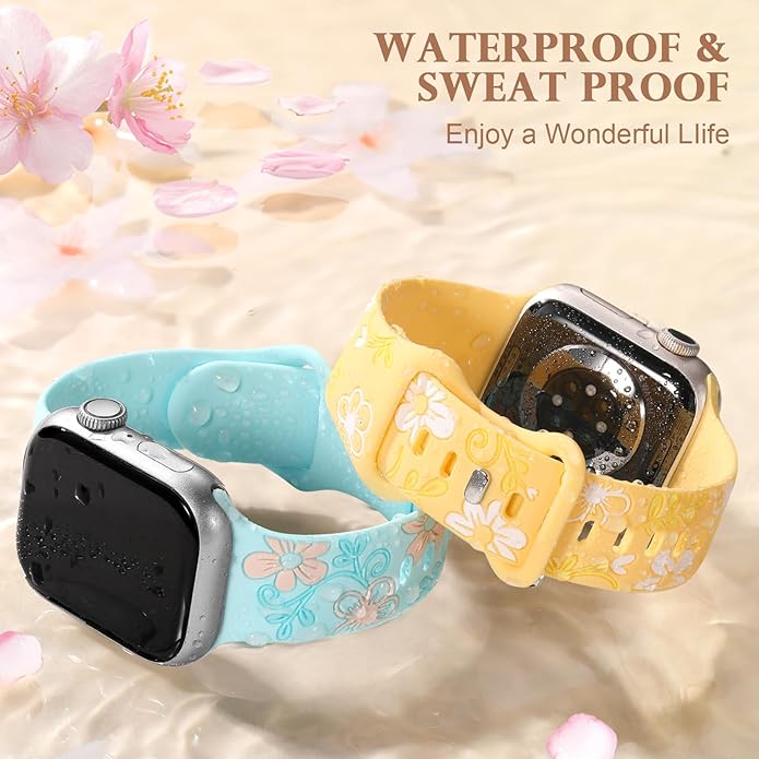 Witzon Floral Band Compatible with Apple Watch Bands For Women 40mm 41mm 38mm 42mm 44mm 45mm 46mm 49mm, Engraved Cute Flower Silicone Dressy Strap for iWatch Series 11 10 9 8 7 6 5 4 3 2 SE Ultra - Image 4