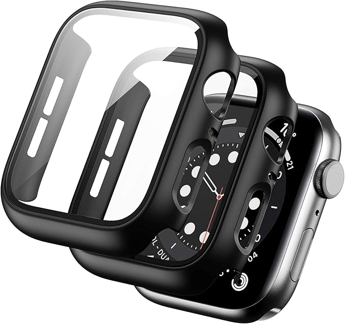2 Pack Hard PC Case Compatible with Apple Watch Series 9/8/7 45mm, Case with Tempered Glass Screen Protector Overall Bubble-Free Cover for iWatch 9/8/7 Accessories, (Black+Black,45mm) by BHARVEST