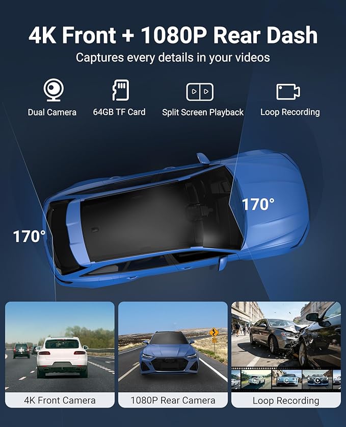 Wireless CarPlay and Android Auto 10.26-inch Touchscreen, 4K Dash Camera and 1080p Backup Camera, Universal Portable car Display, Equipped with 64G Memory Card - Image 3