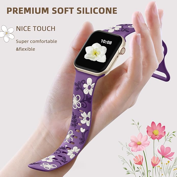 Witzon Floral Band Compatible with Apple Watch Bands For Women 40mm 41mm 38mm 42mm 44mm 45mm 46mm 49mm, Engraved Cute Flower Silicone Dressy Strap for iWatch Series 11 10 9 8 7 6 5 4 3 2 SE Ultra - Image 3