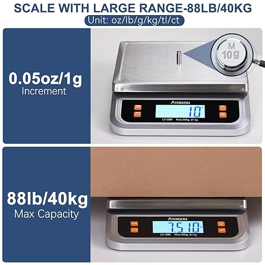 Atogou 88lb Food Scale, Commercial Kitchen Scale Plug-in Usable with Full View LCD Display, Stainless Steel, for Baking, Bread, Cooking, Meat, Vegetables, Farm, Industry LC200 Silver - Image 2